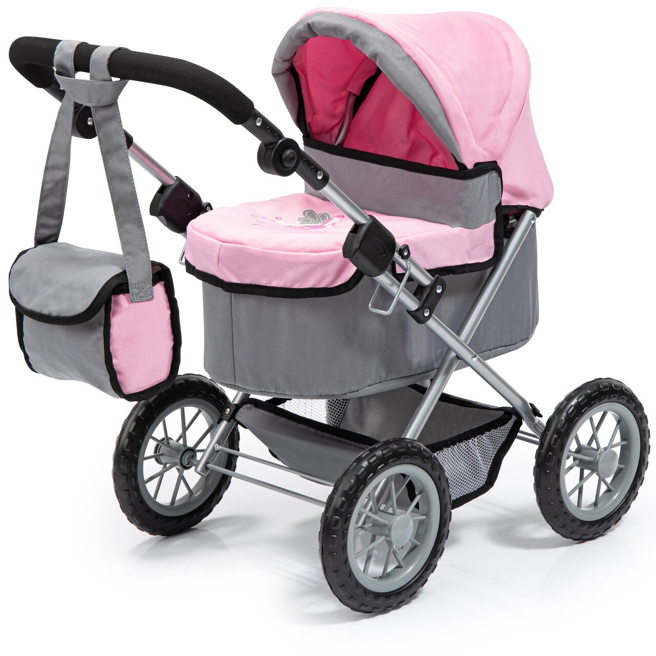 Bayer: Trendy Baby Doll Pram with Adjustable Handle, Foldable Pink/Grey Stroller for Dolls